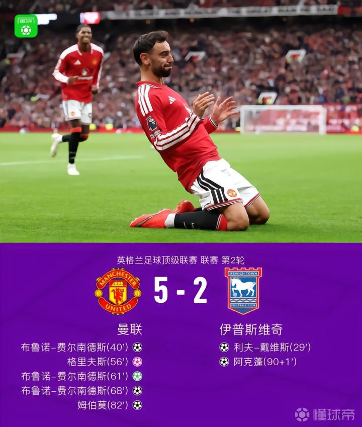 曼联5-2伊普斯维奇,B费帽子戏法助球队逆转